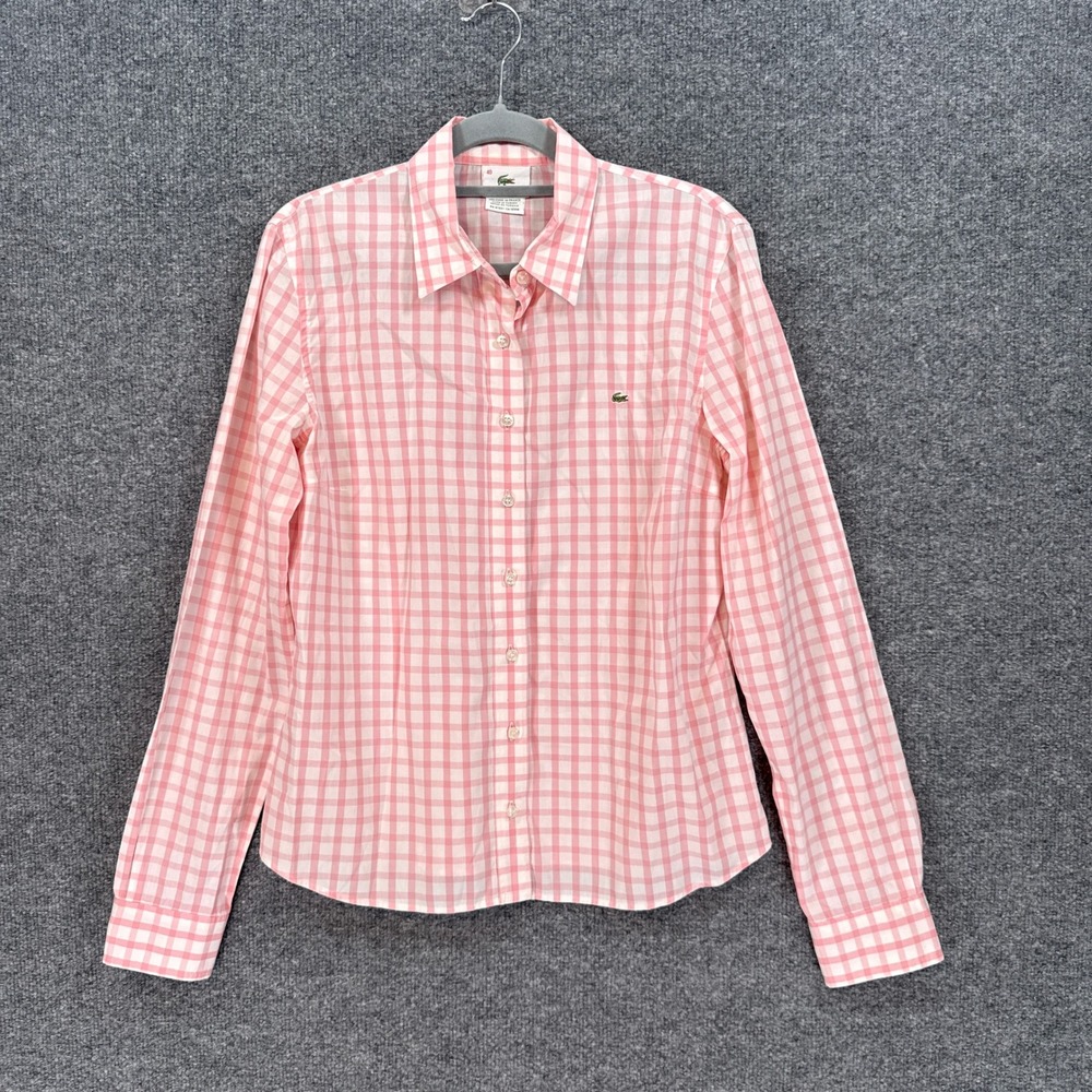 Lacoste Button Down Shirt Womens 40 Pink Check Long Sleeve Classic Gingham